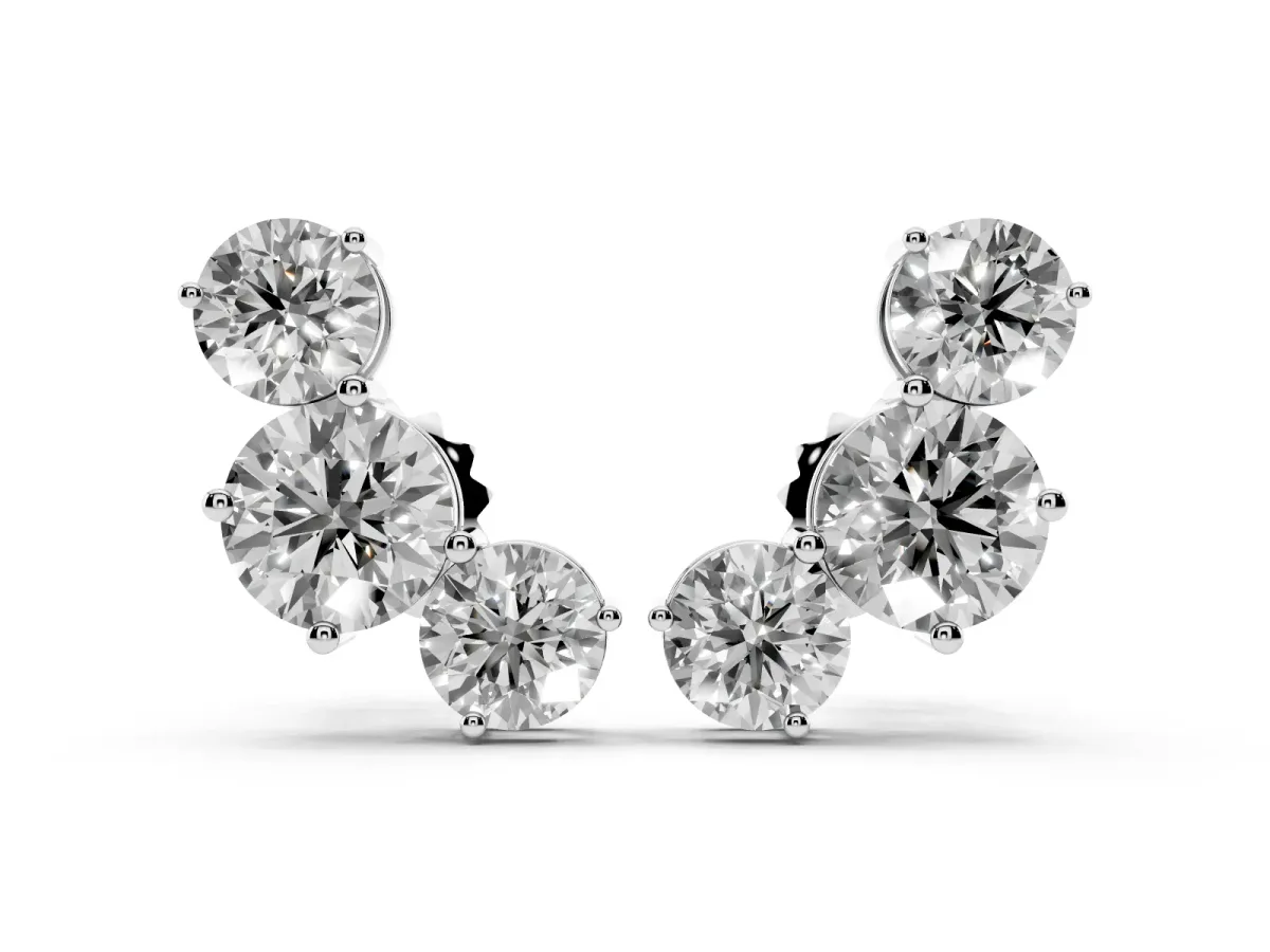 Round Cut Diamond Graduated Three-Stone Stud Earrings Silver