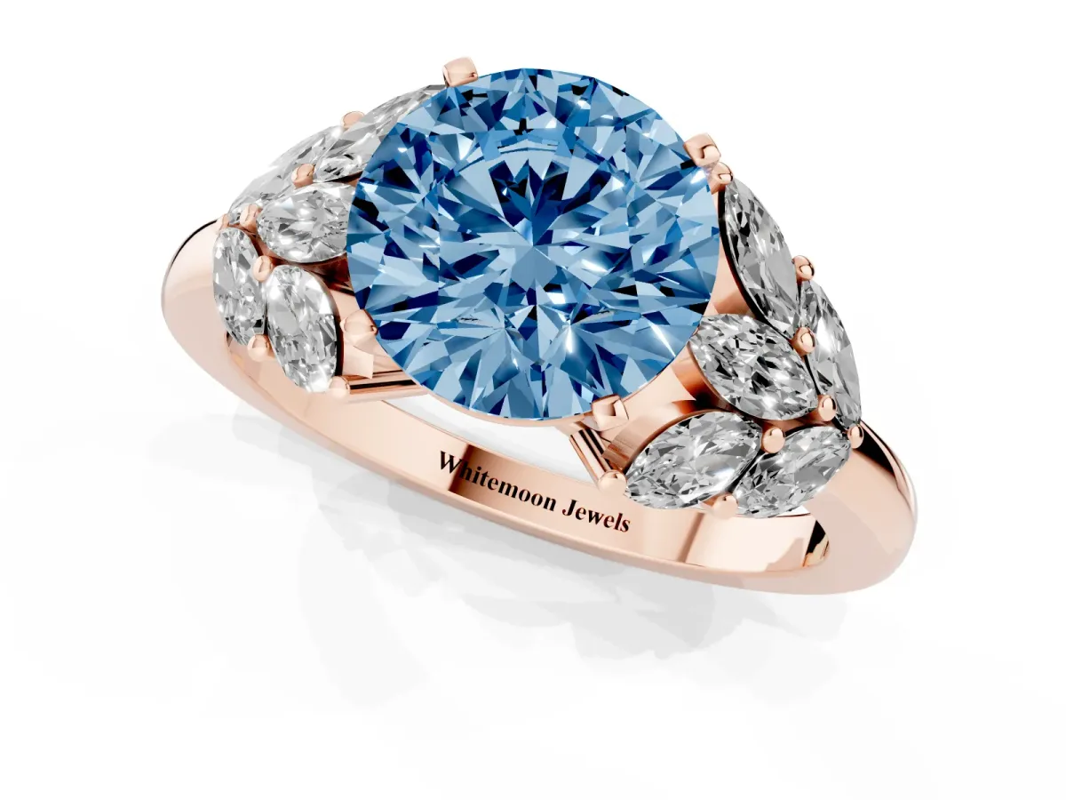 Fancy Blue Round Cut Diamond Cluster Leaf Design Ring with Prong Setting Rose gold
