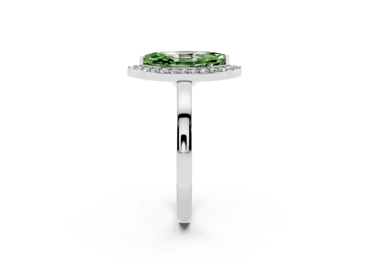 Fancy Green Marquise Cut Halo Diamond Ring with Solitaire Band and Prong Setting Silver