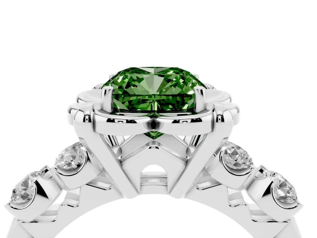 Fancy Green Cushion Cut Cut Diamond Floral Halo Engagement Ring with Shared Prong Setting White gold