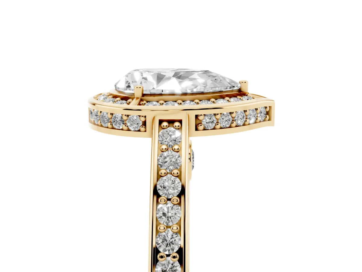 Pear Cut Cut Halo Pave Split Shank Prong Setting Ring Yellow gold