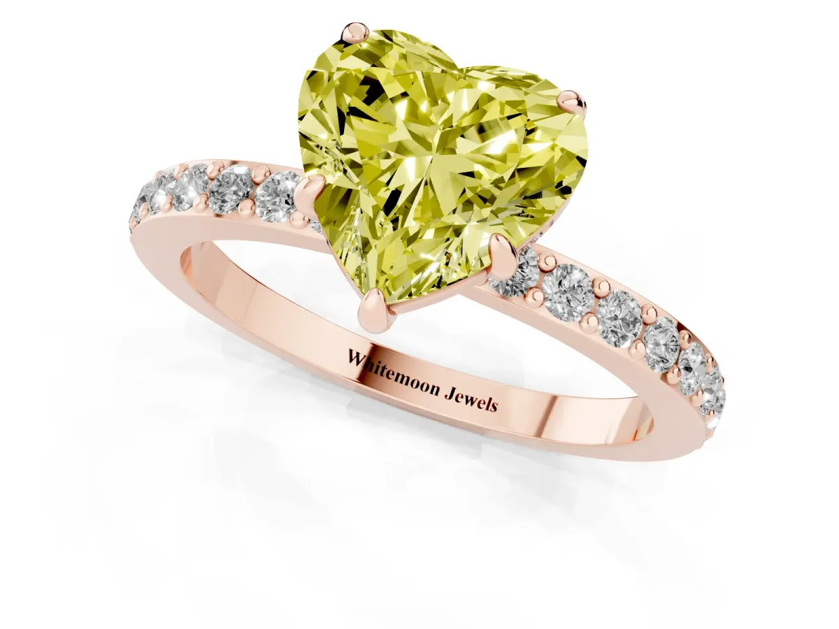 Fancy Yellow Heart Cut Diamond Pavé Engagement Ring with Round Accents and Prong Setting Rose gold