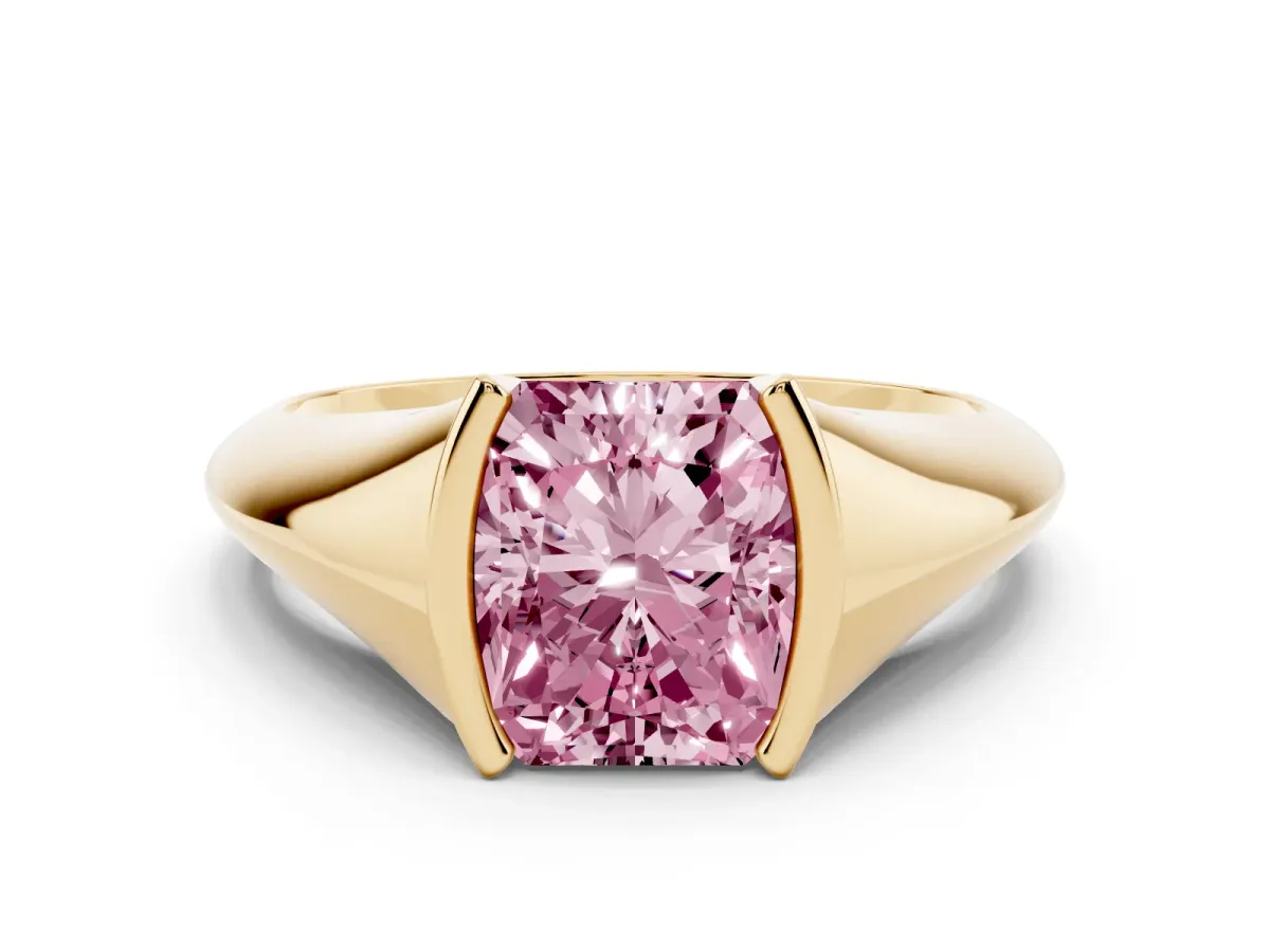 Fancy Pink Radiant Cut Solitaire Tension Set Diamond Ring Yellow gold