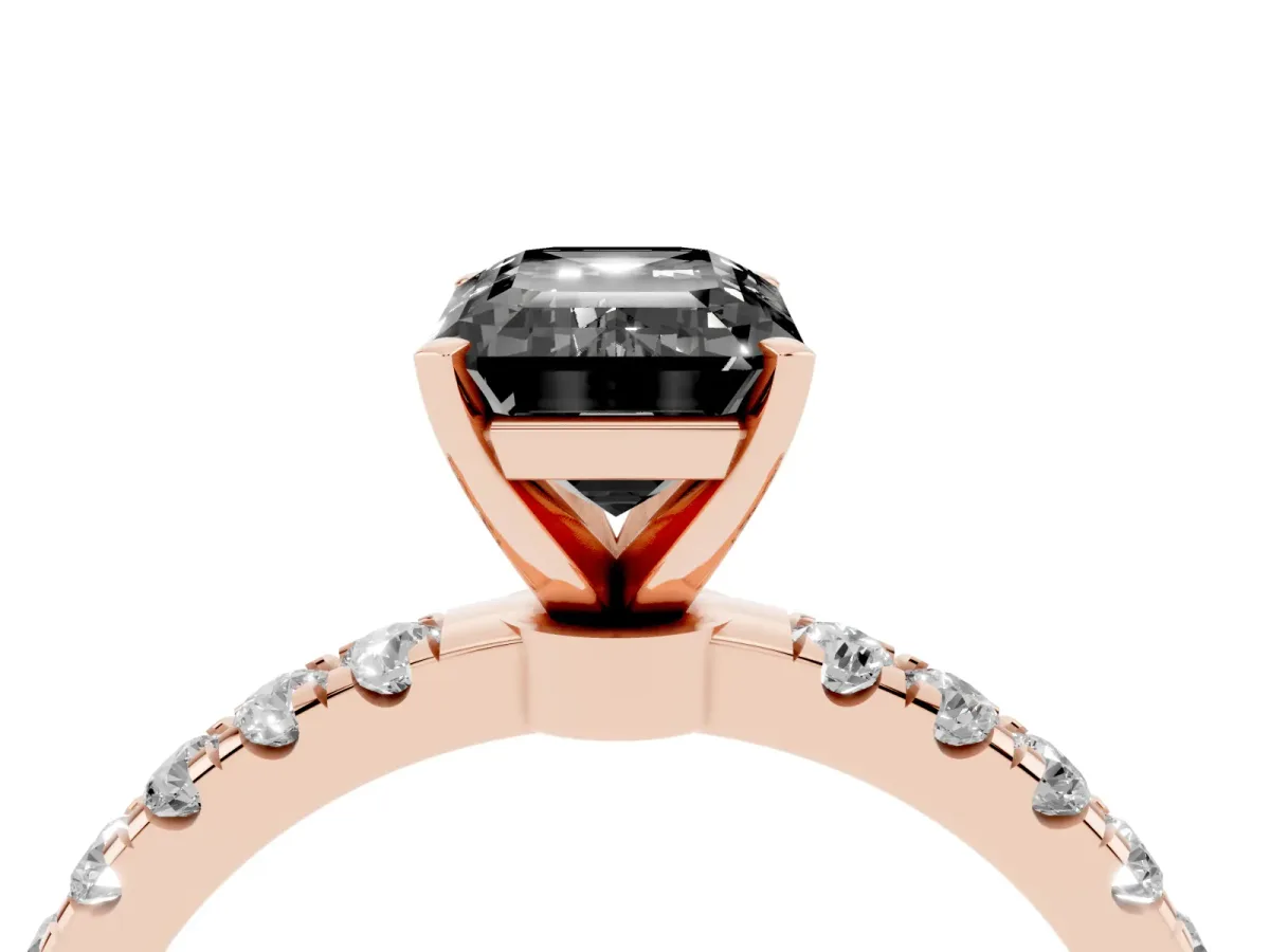 Fancy Black Emerald Cut Diamond Solitaire Ring with Pavé Accents and Four-Prong Setting Rose gold