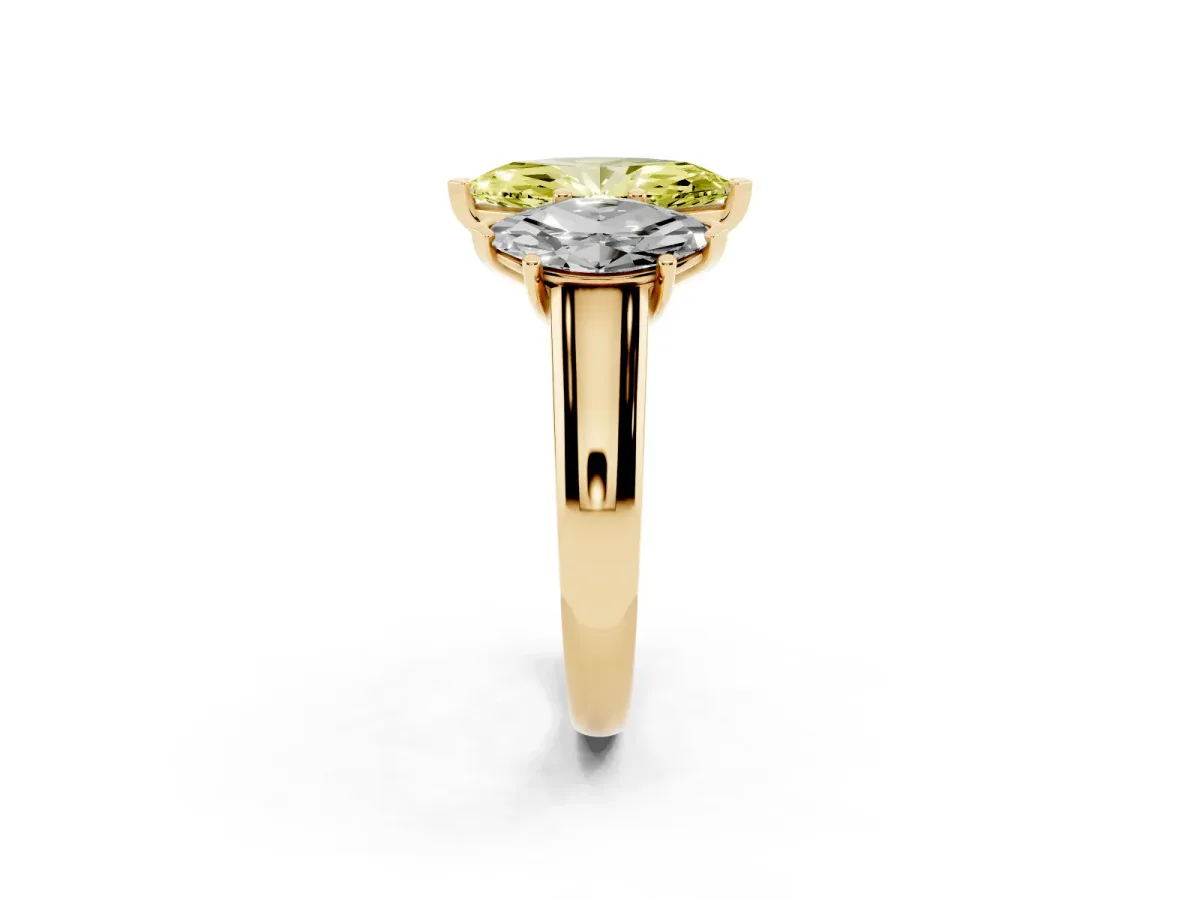 Fancy Yellow Marquise Cut Three-Stone Diamond Ring with Prong Setting on a Classic Band Yellow gold