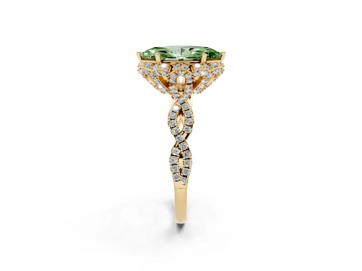 Fancy Green Marquise Cut Halo Twist Band Solitaire Ring with Six-Prong Setting Yellow gold
