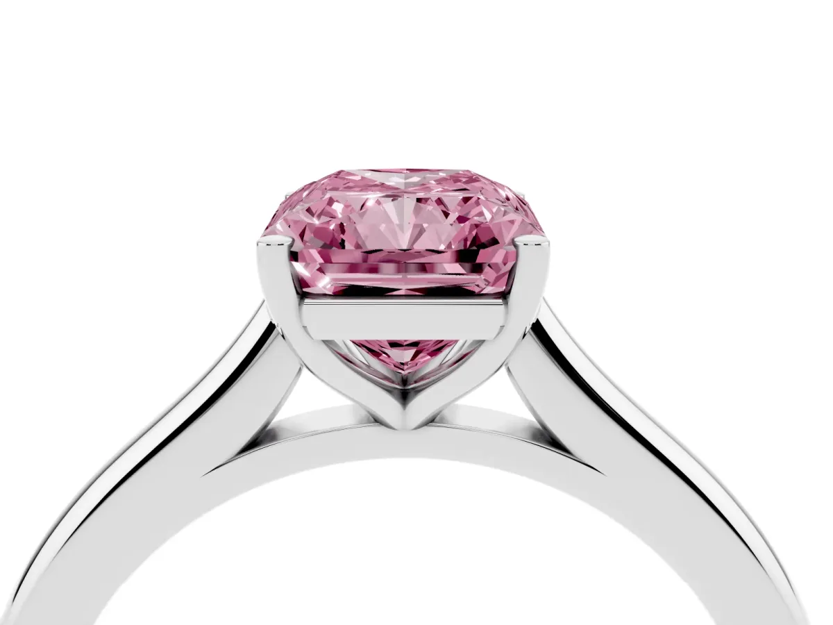 Fancy Pink Radiant Cut Cut Solitaire Ring with Cathedral Band and Four-Prong Setting White gold