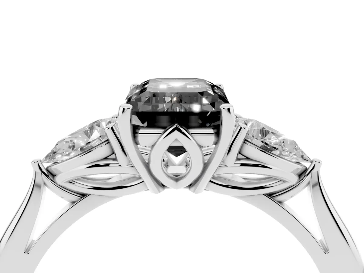 Fancy Black Three-Stone Emerald Cut Brilliant Diamond Solitaire Ring with Tapered Band and Four-Prong Setting Platinum