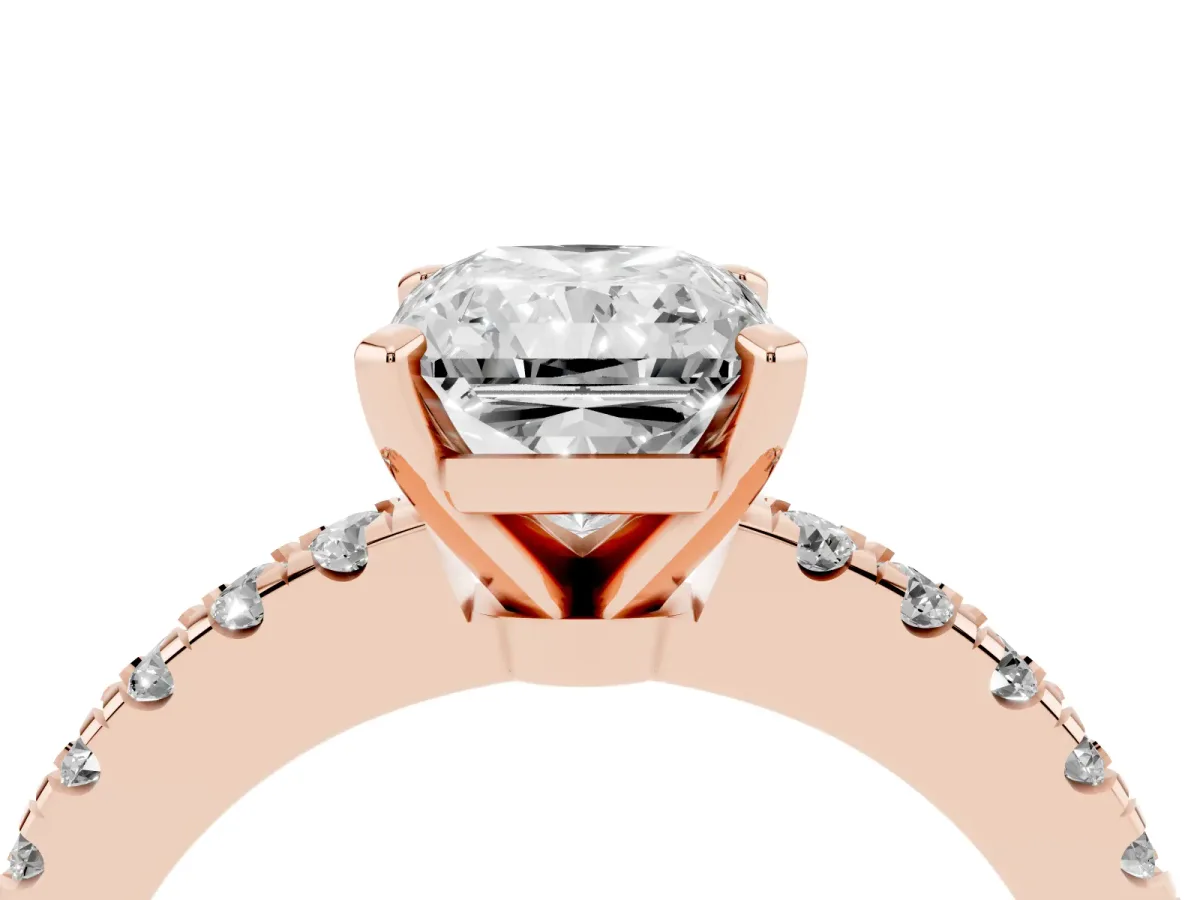 Radiant Cut Solitaire Diamond with Pavé Band and Four-Prong Setting Rose gold
