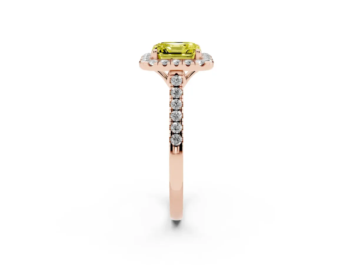 Fancy Yellow Asscher Cut Halo Pavé Diamond Engagement Ring with Four-Prong Setting Rose gold