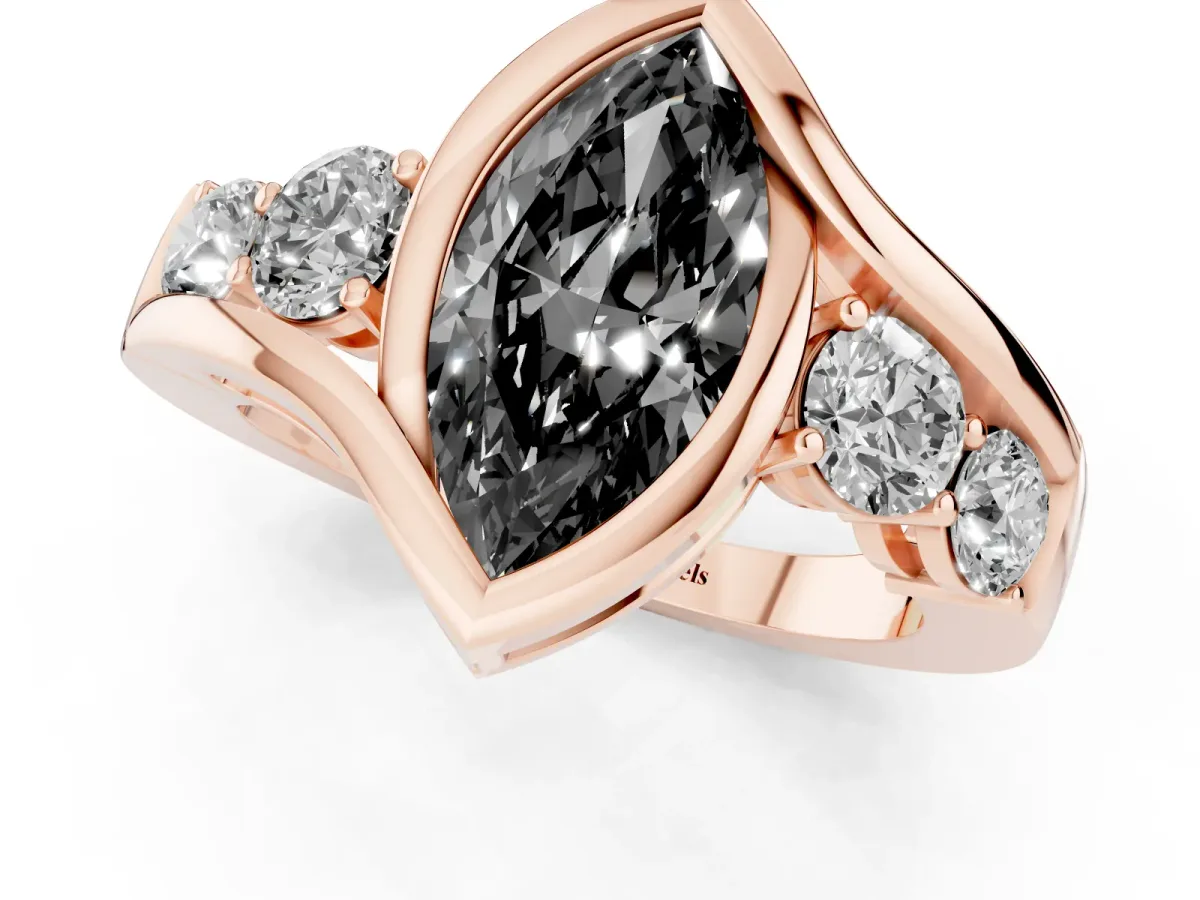 Fancy Black Bezel Set Marquise Cut Diamond Bypass Ring with Round Accents Rose gold