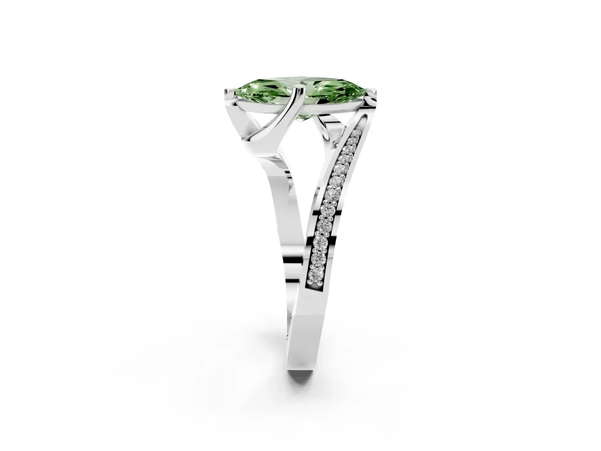 Fancy Green Marquise Cut Solitaire Diamond Twist Band with Pavé Setting and Four-Prong Setting Silver
