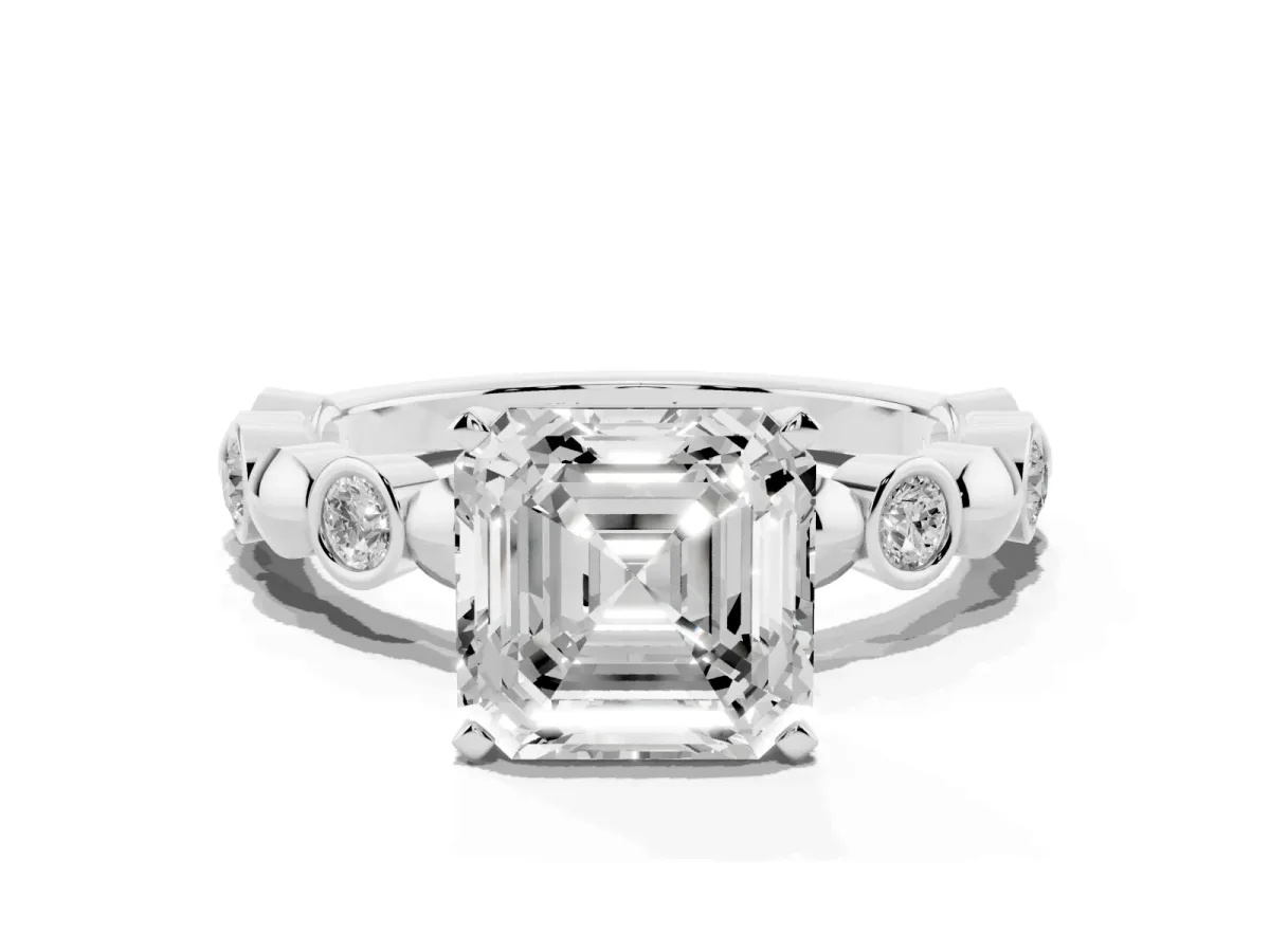 Asscher Cut Solitaire Bezel-Set Diamond Ring with Beaded Band and Four-Prong Setting Platinum