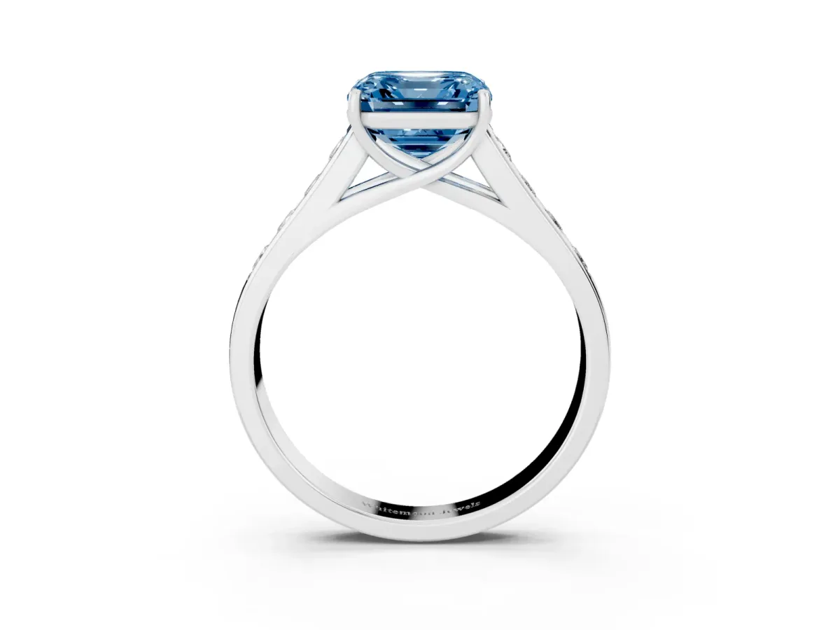 Fancy Blue Asscher Cut Solitaire Channel-Set Diamond Engagement Ring with Four-Prong Setting Platinum
