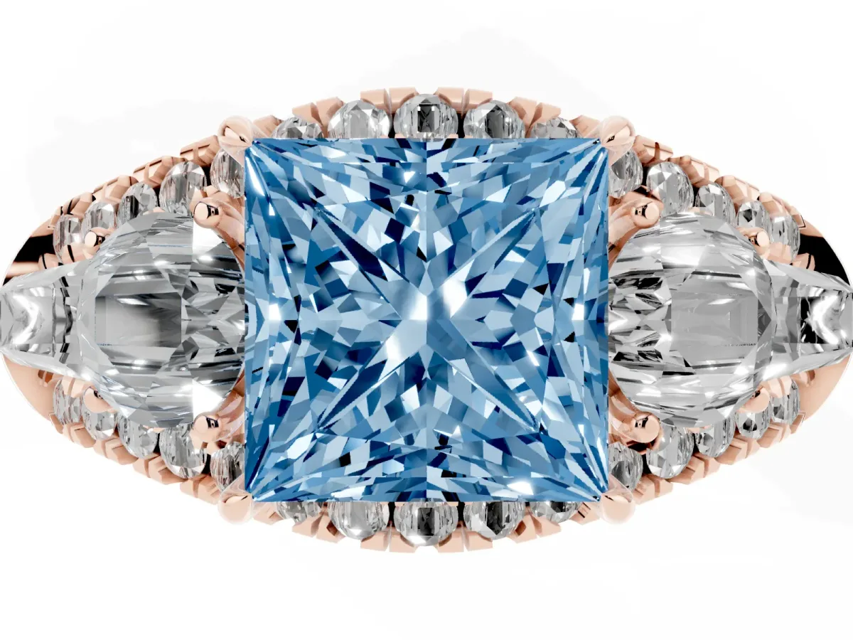 Fancy Blue Three-Stone Princess Cut Diamond Engagement Ring with Pave Band and Prong Setting Rose gold