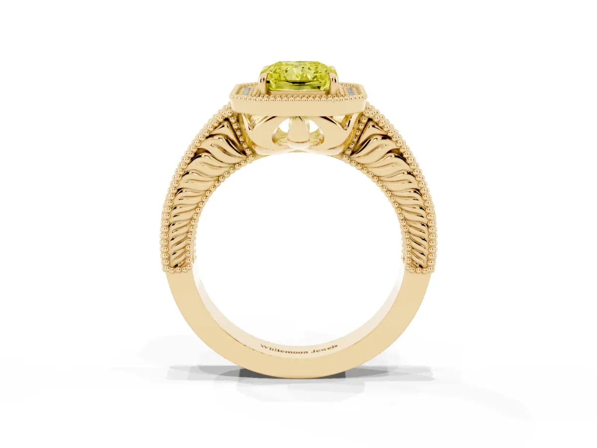 Fancy Yellow Radiant Cut Cut Halo Diamond Ring with Pavé Band and Four-Prong Setting Yellow gold