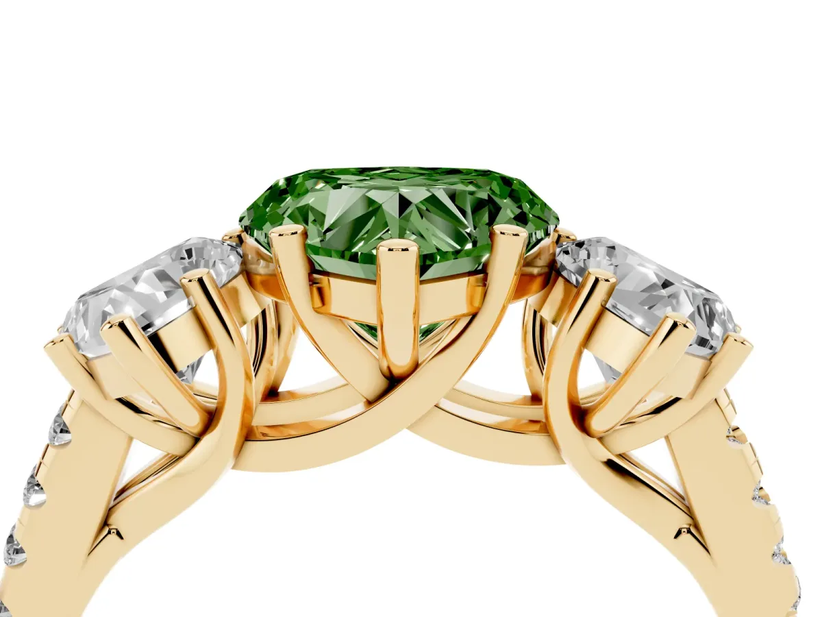 Fancy Green Three-Stone Heart Cut Diamond Ring with Round Pavé Band and Prong Setting Yellow gold