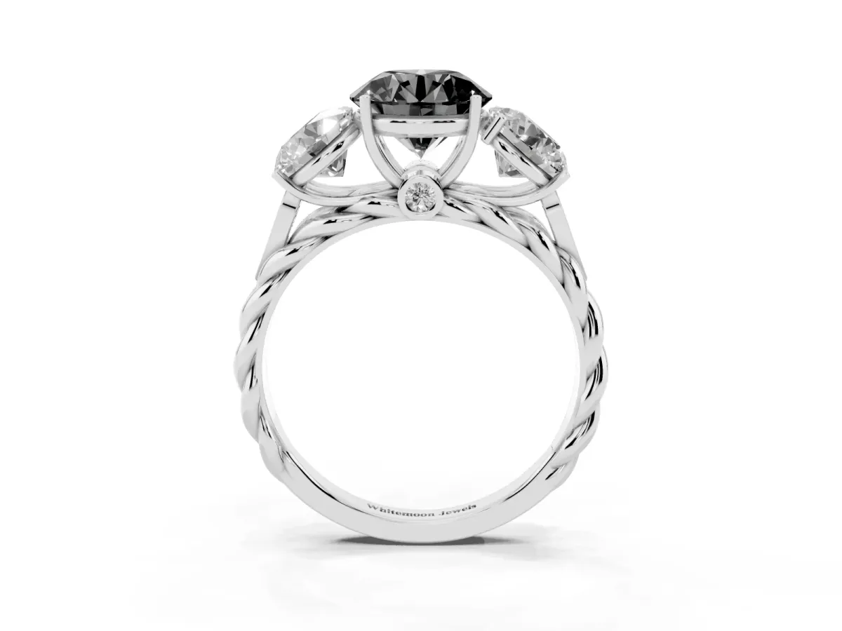 Fancy Black Three-Stone Round Cut Diamond Braided Band Ring with Four-Prong Setting Platinum