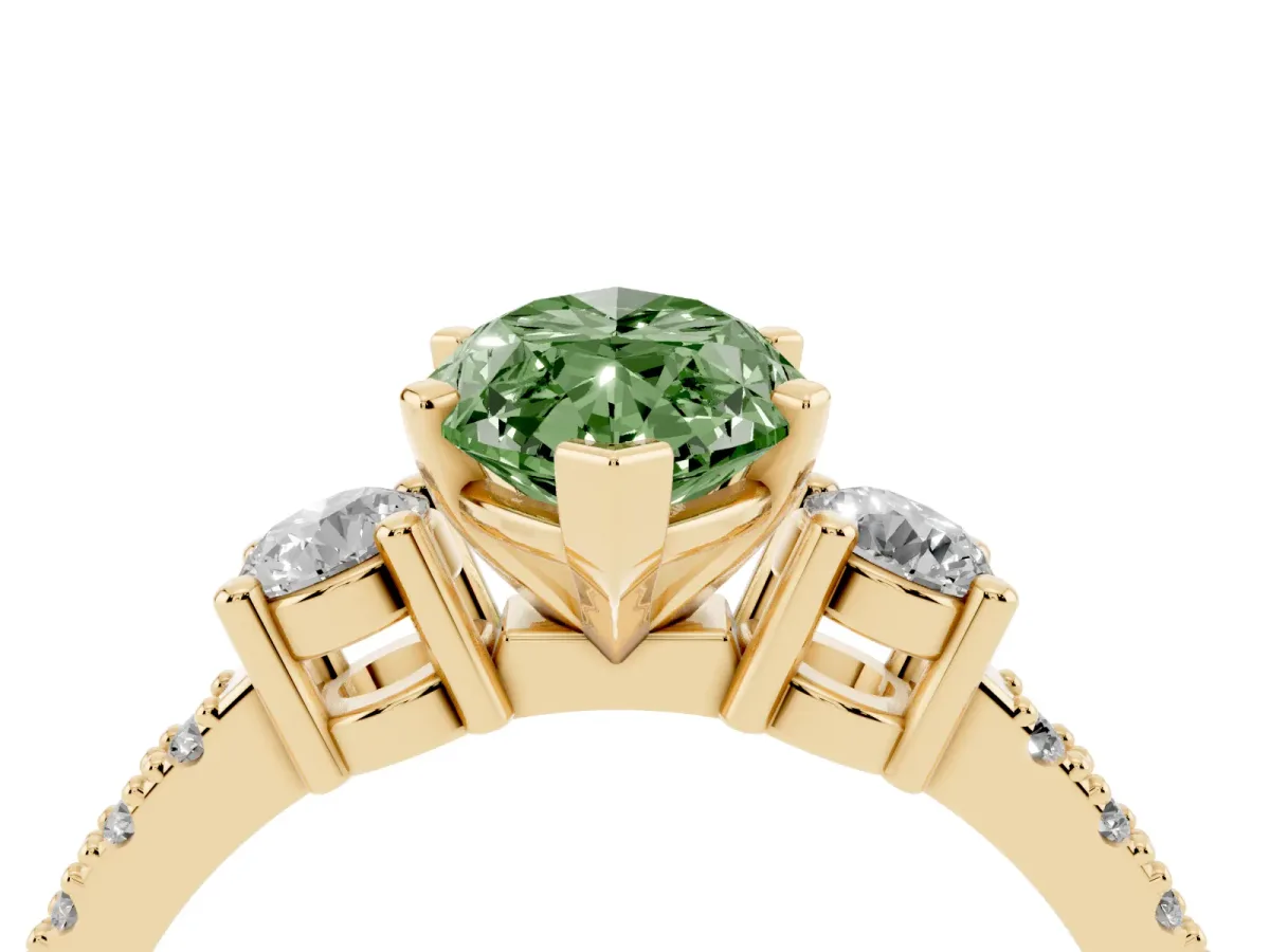 Fancy Green Marquise Cut Three-Stone Diamond Pavé Band with Prong Setting Yellow gold