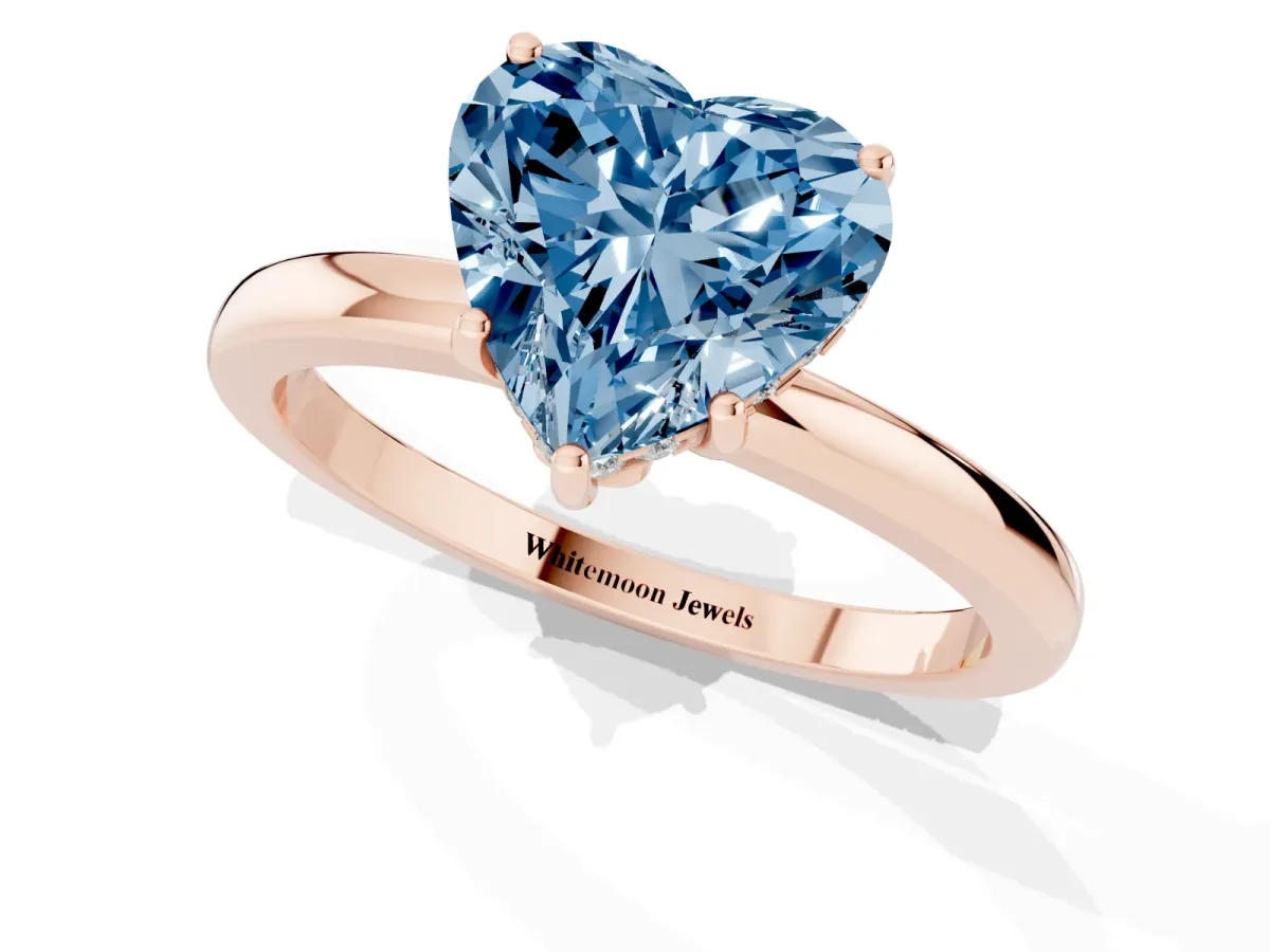 Fancy Blue Heart Cut Solitaire Diamond Ring with Prong Setting and Plain Band Rose gold