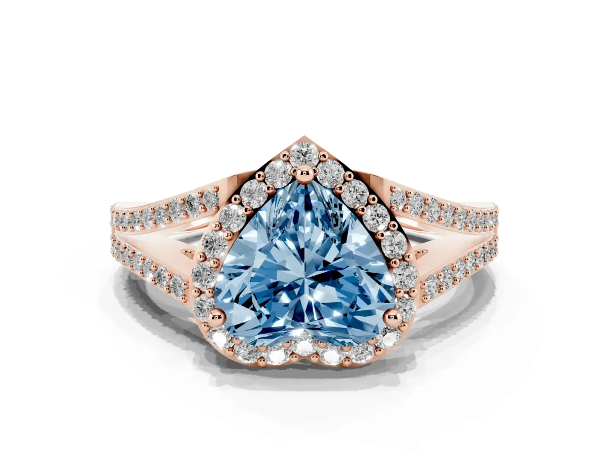 Fancy Blue Heart Cut Halo Split Shank Pave Diamond Ring with Four-Prong Setting Rose gold