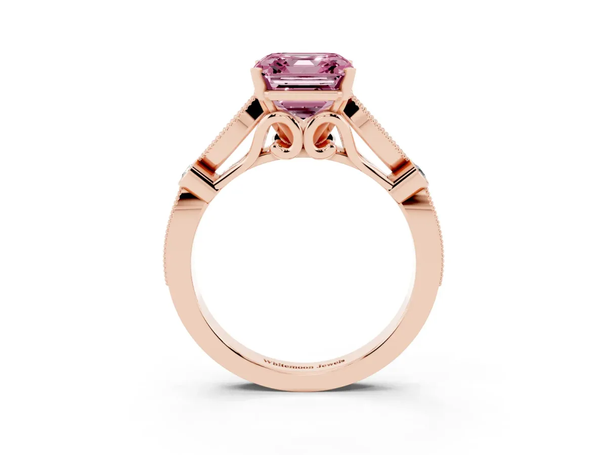 Fancy Pink Asscher Cut Cut Diamond with Milgrain Marquise and Bezel Accents on a Solitaire Band with Prong Setting Rose gold