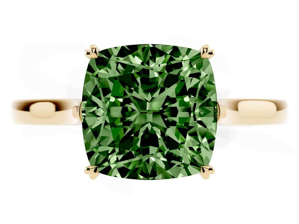 Fancy Green Cushion Cut Solitaire Heart Prong Engagement Ring with Tapered Band Yellow gold