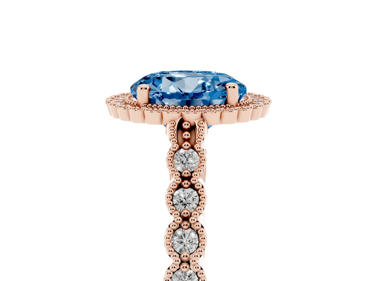 Fancy Blue Round Cut Cut Halo Pavé Solitaire Ring with Milgrain Band Rose gold
