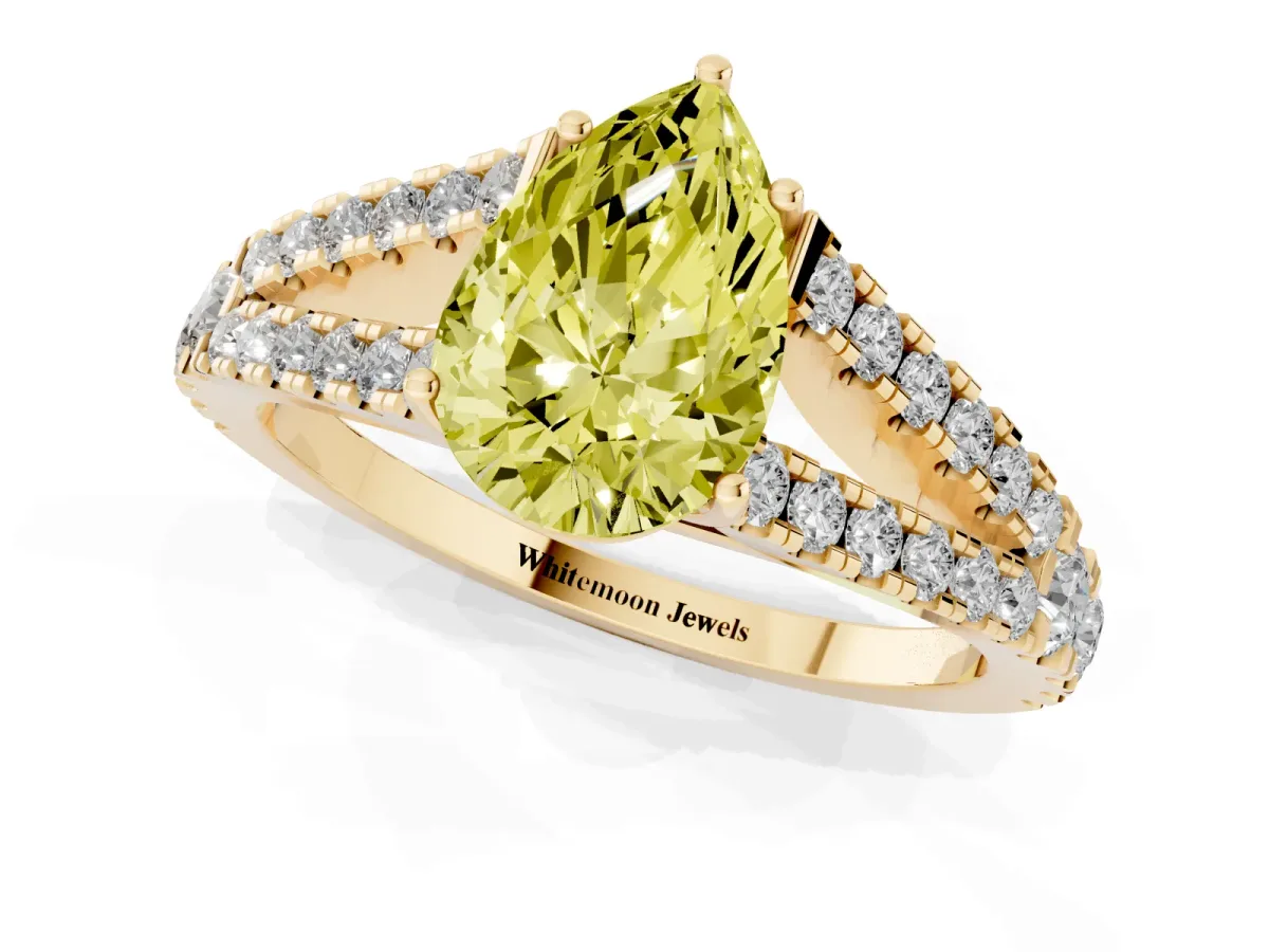 Fancy Yellow Pear Cut Diamond Split Shank Pavé Engagement Ring with Four-Prong Setting Yellow gold