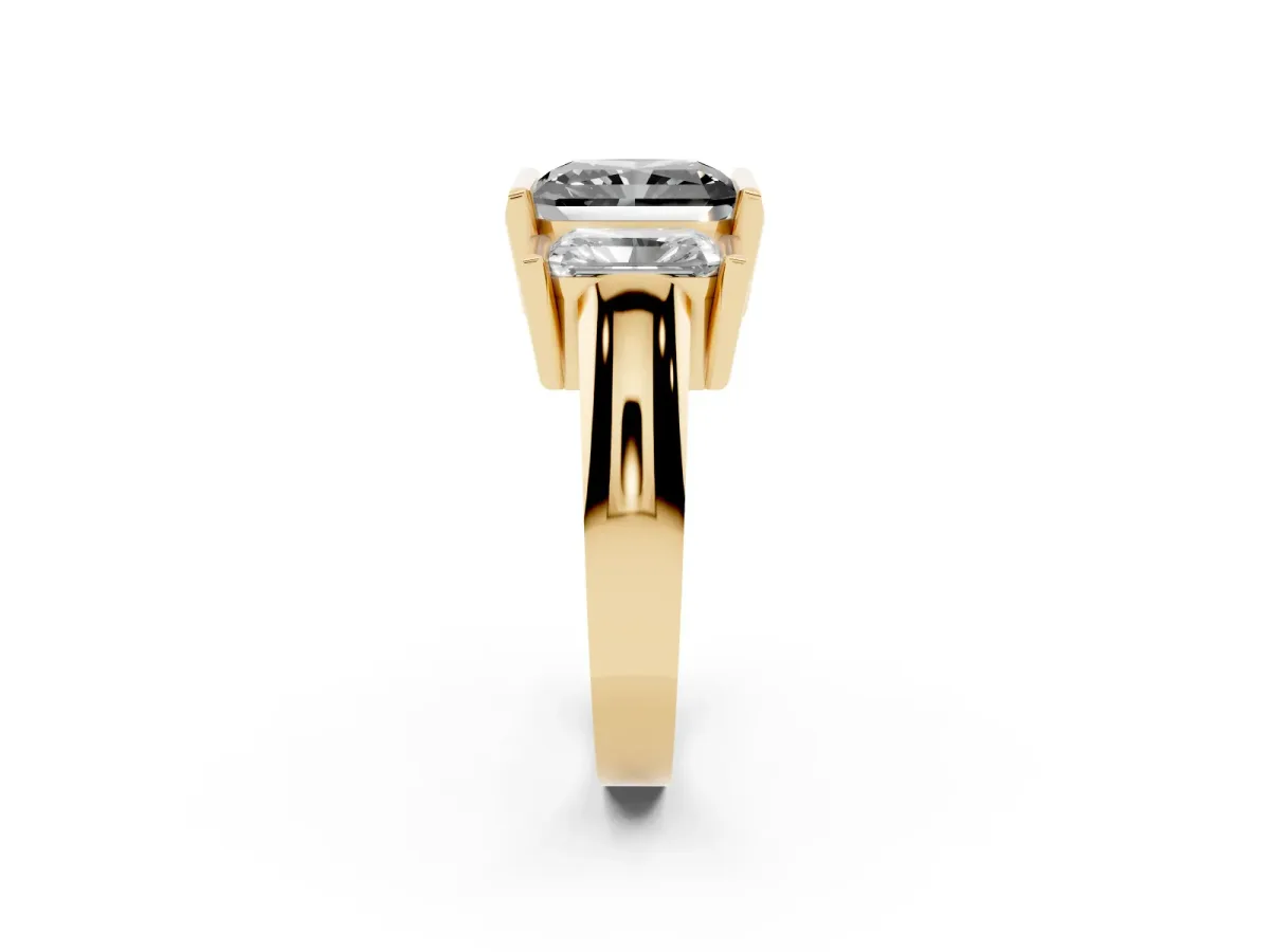 Fancy Black Three Stone Radiant Cut Cut Channel Set Diamond Ring Yellow gold