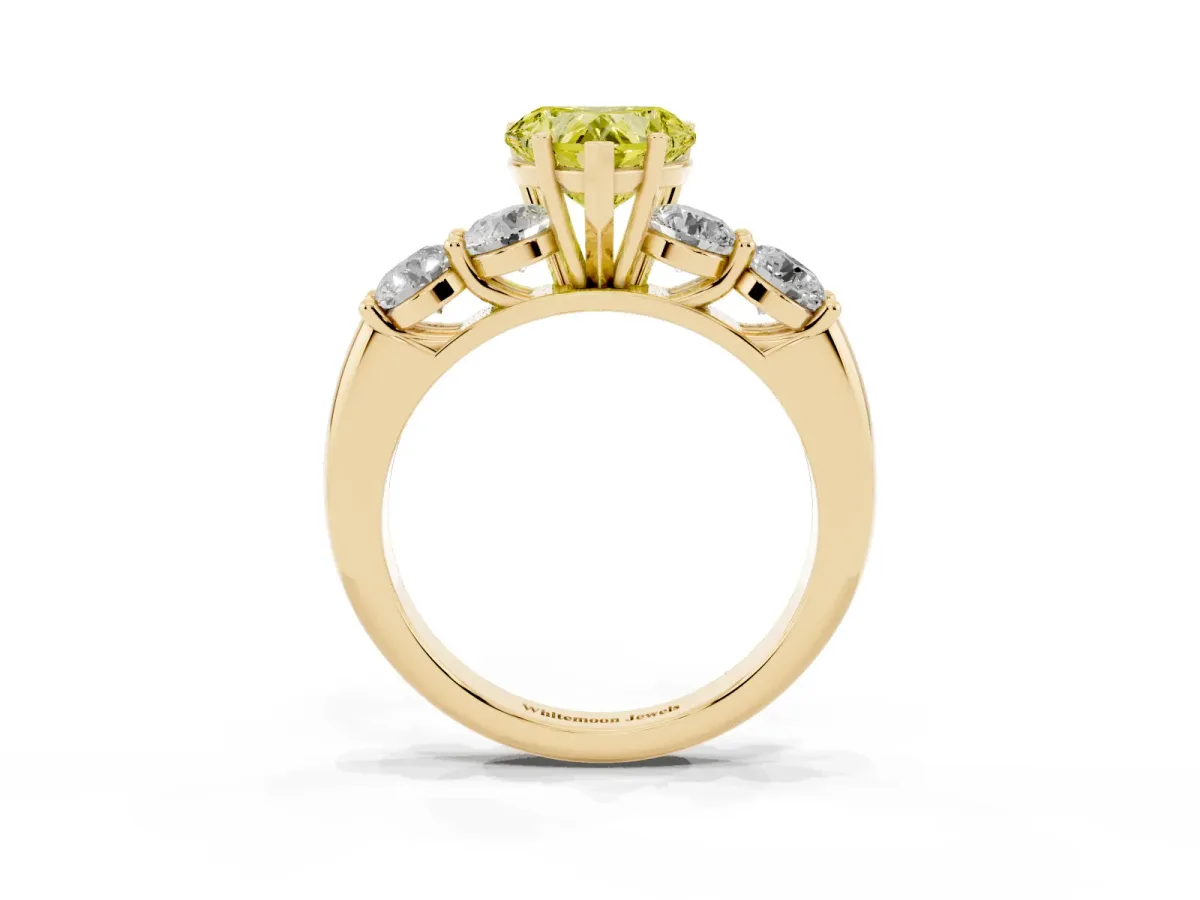 Fancy Yellow Heart Cut Cut Five-Stone Prong Set Diamond Ring with Classic Band Yellow gold