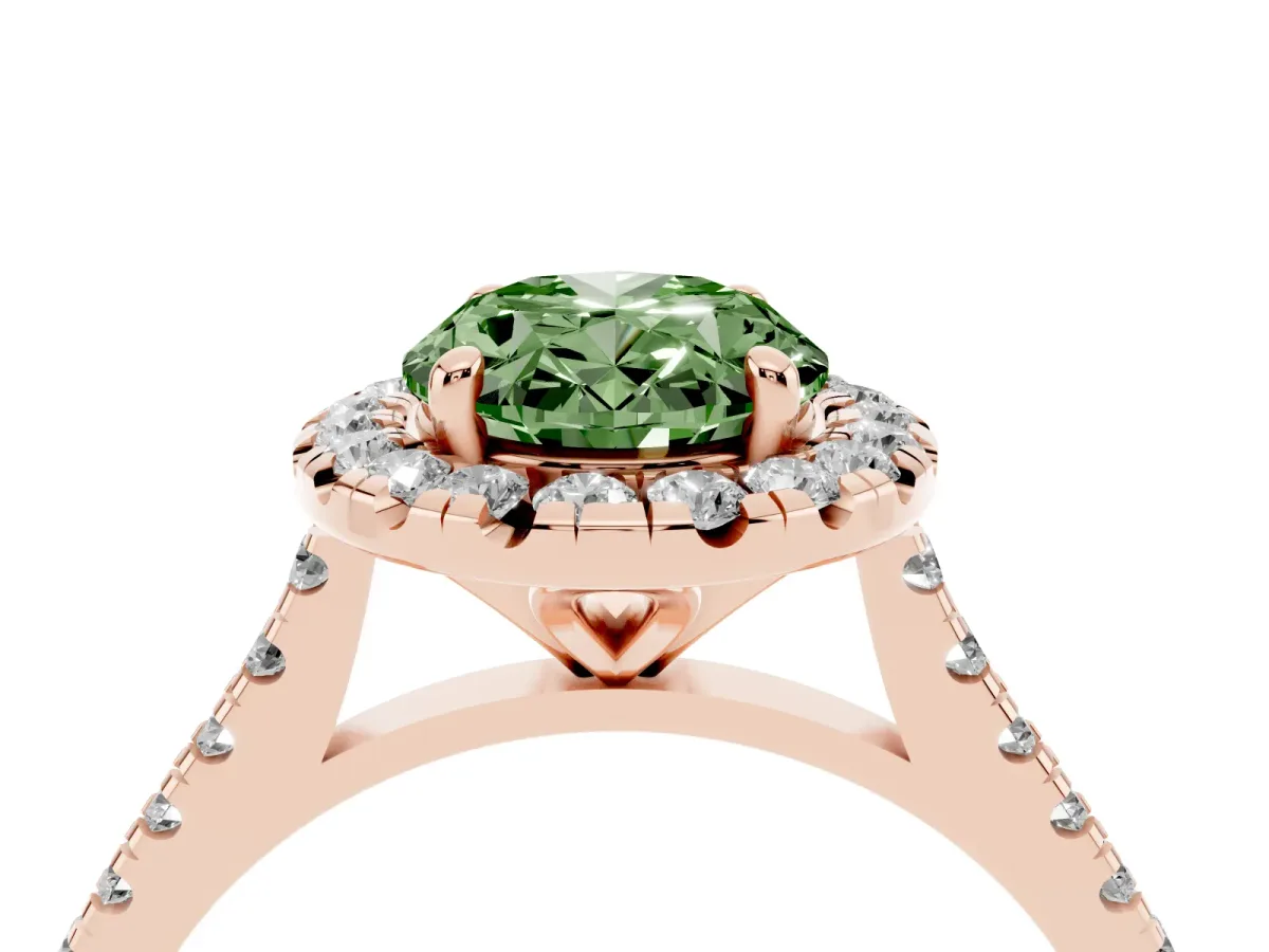 Fancy Green Oval Cut Diamond Cushion Halo Ring with Pavé Band Rose gold