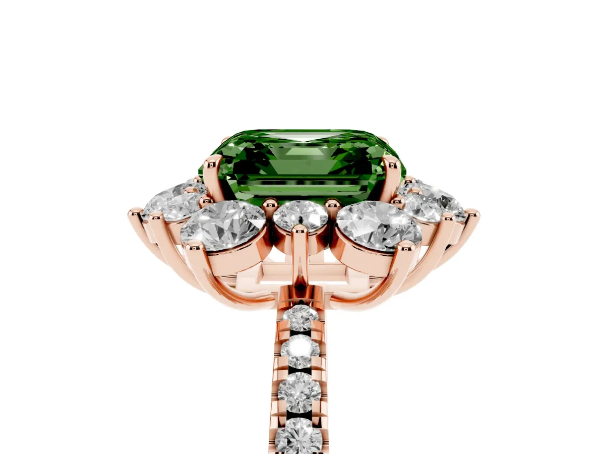 Fancy Green Asscher Cut Diamond Floral Halo Ring with Round Pavé Band and Prong Setting Rose gold