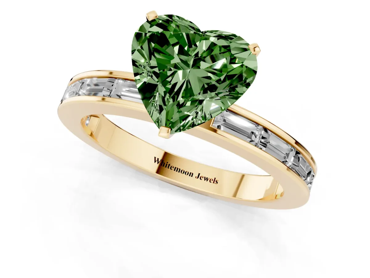 Fancy Green Heart Cut Solitaire Diamond Ring with Channel-Set Baguette Band and Four-Prong Setting Yellow gold