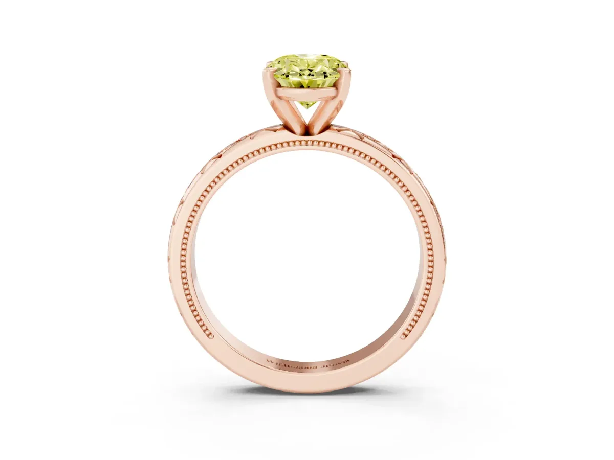 Fancy Yellow Oval Cut Solitaire Engagement Ring with Scrollwork Band and Four-Prong Setting Rose gold