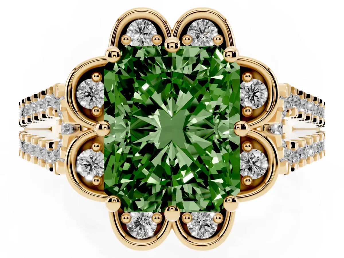 Fancy Green Radiant Cut Halo Diamond Floral Split Shank Engagement Ring Yellow gold
