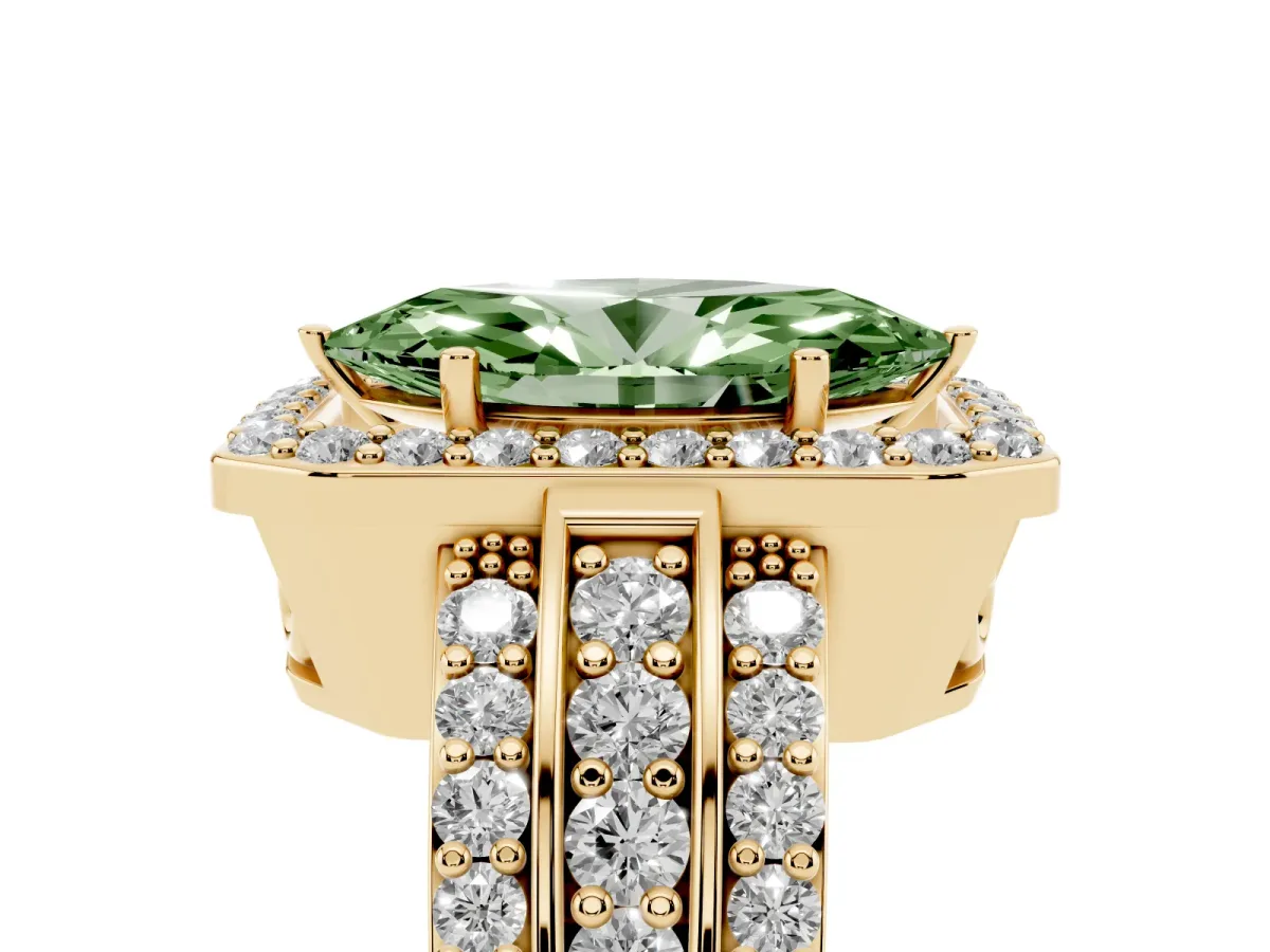 Fancy Green Marquise Cut Halo Diamond Ring with Round Split Shank and Prong Setting Yellow gold