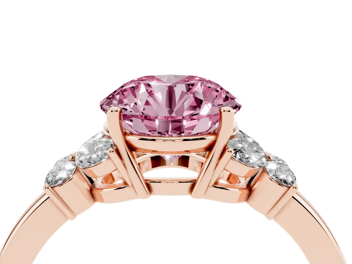 Fancy Pink Round Cut Cut Solitaire Floral Diamond Ring with Four-Prong Setting Rose gold