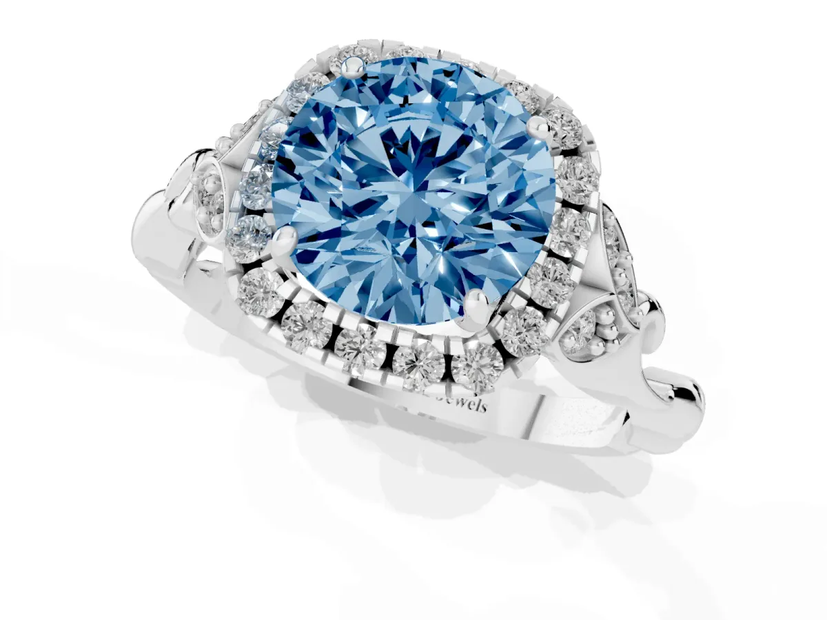 Fancy Blue Round Cut Halo Diamond Engagement Ring with Vintage-Inspired Band and Four-Prong Setting Silver