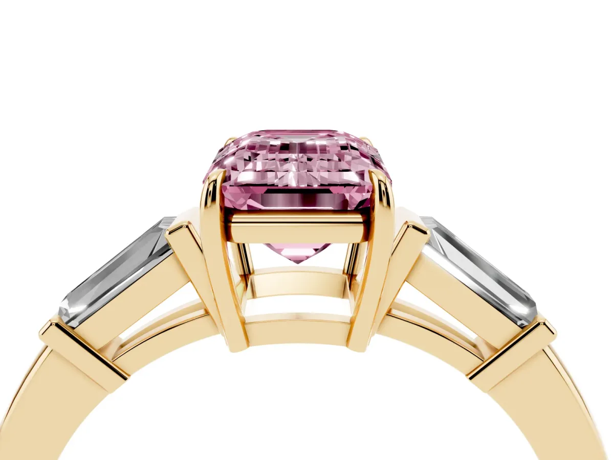 Fancy Pink Emerald Cut Diamond Three-Stone Ring with Tapered Baguette Side Stones and Prong Setting Yellow gold