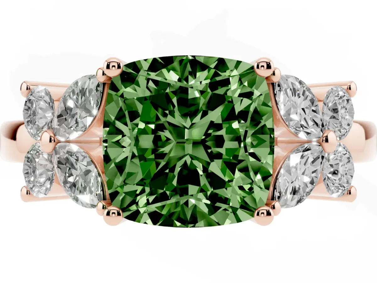 Fancy Green Cushion Cut Diamond Floral Cluster Ring with Solitaire Band and Prong Setting Rose gold