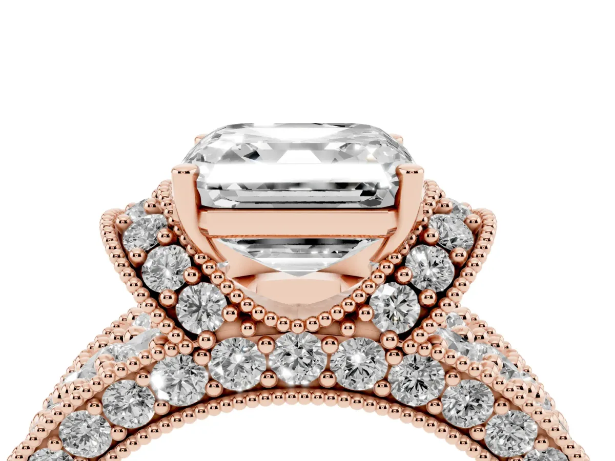 Asscher Cut Halo Pave Diamond Engagement Ring with Milgrain Detailing Rose gold