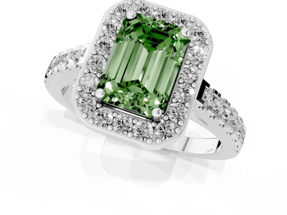 Fancy Green Emerald Cut Diamond Halo Ring with Round Pavé Split Shank and Prong Setting Platinum