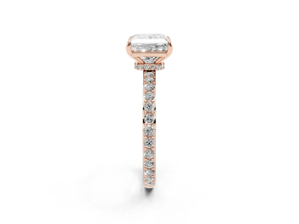 Princess Cut Diamond Pavé Engagement Ring with Round Accents and Prong Setting Rose gold