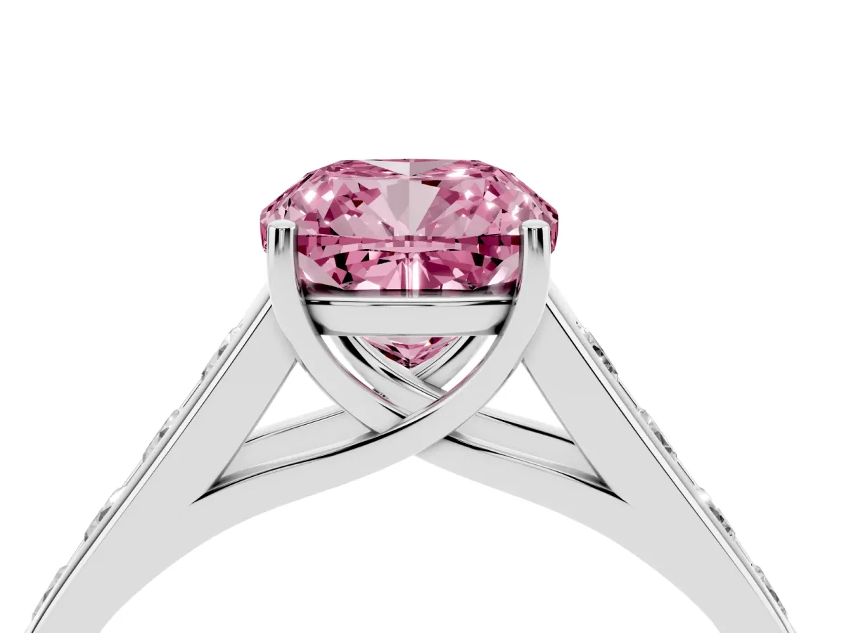 Fancy Pink Cushion Cut Brilliant Channel-Set Solitaire Ring with Four-Prong Setting Silver