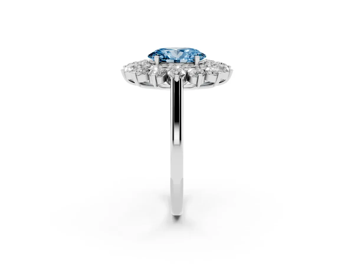 Fancy Blue Oval Cut Diamond Floral Double Halo Engagement Ring with Prong Setting Silver