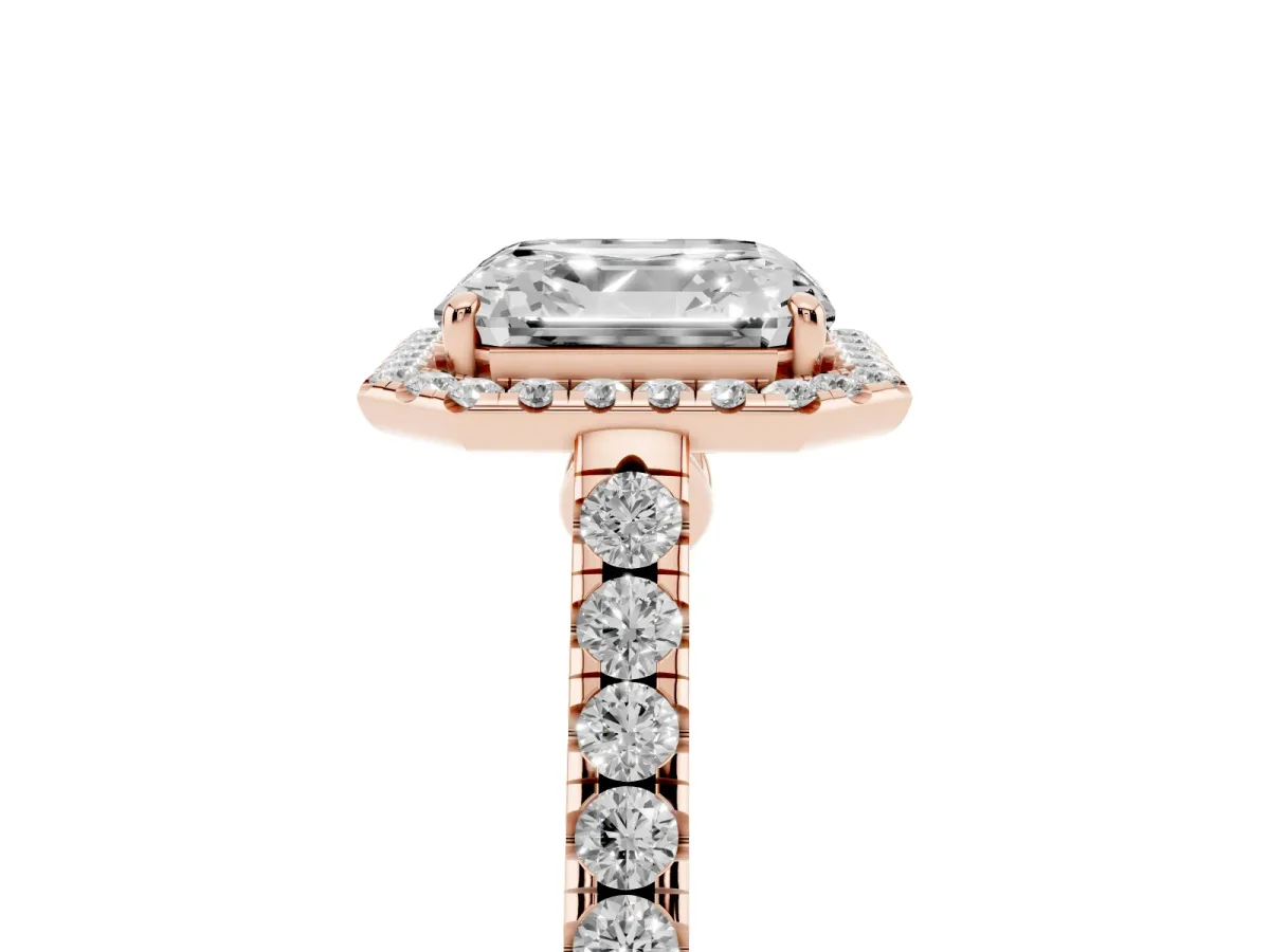 Asscher Cut Halo Pave Diamond Engagement Ring with Four-Prong Setting Rose gold