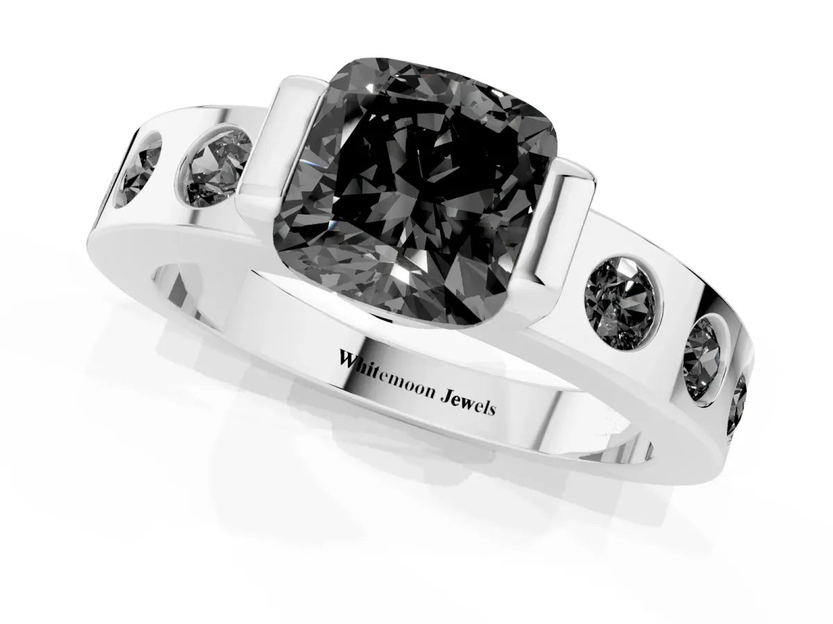 Fancy Black Cushion Cut Brilliant Channel-Set Diamond Ring with Bezel Prong Setting Silver
