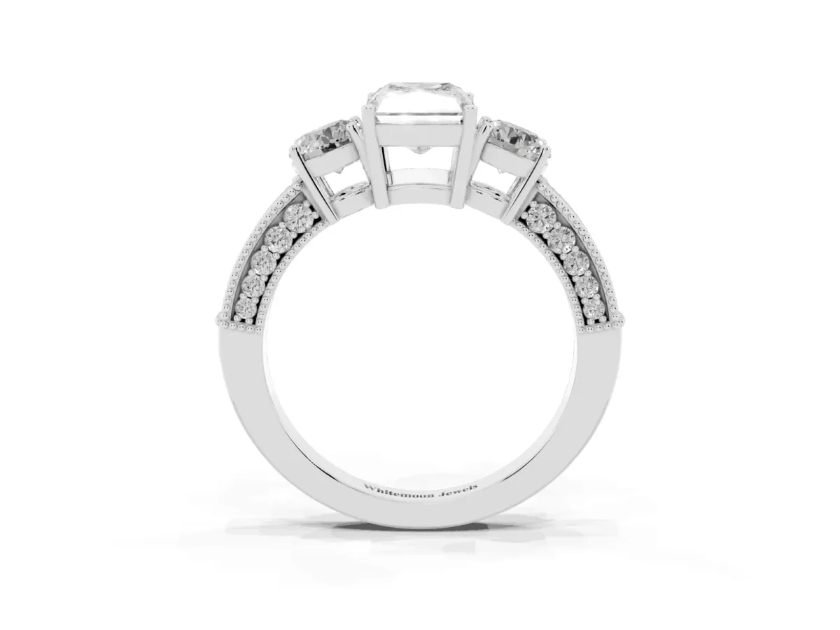 Radiant Cut Three-Stone Diamond Ring with Pavé Band and Four-Prong Setting Platinum