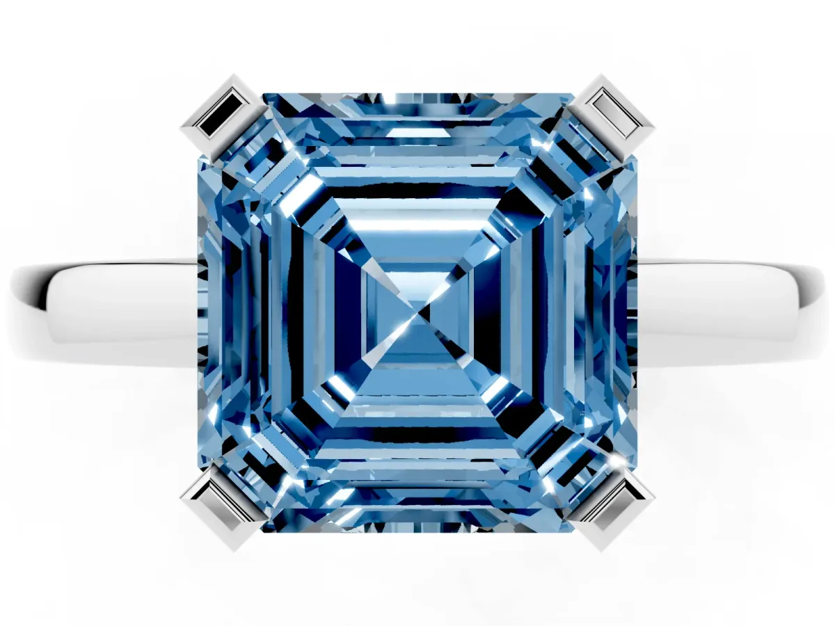 Fancy Blue Asscher Cut Cut Solitaire Ring with Four-Prong Setting and Classic Band Silver